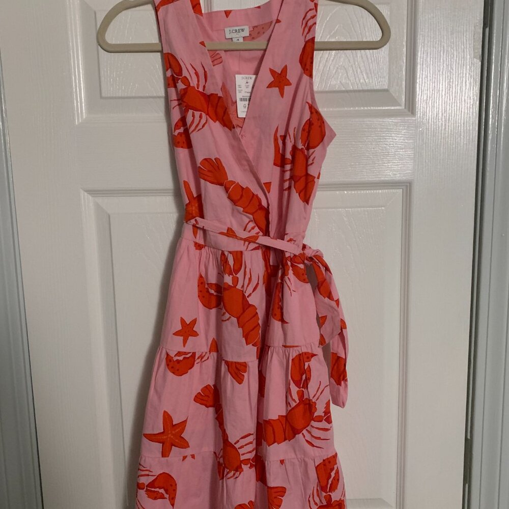 NWT J. Crew Faux-Wrap Pink Red Sleeveless Mini Dress Lobster Dress Size 4